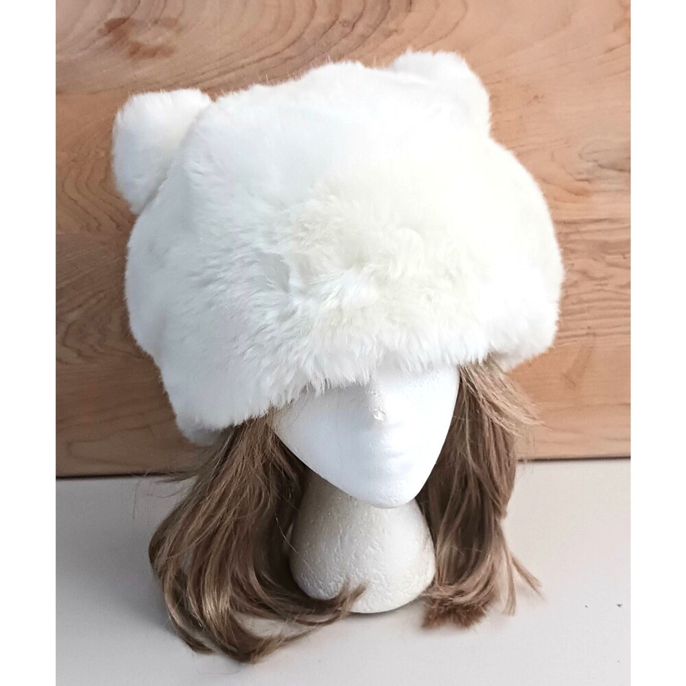 NWT White Faux Fur Fluffy Cossack Hat Pom Ears Y2K Wet Seal Deadstock O/S